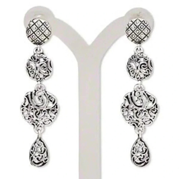 Antique Silver Plated Filigree Round and Teardrop Dangle Earrings - Picture 1 of 1
